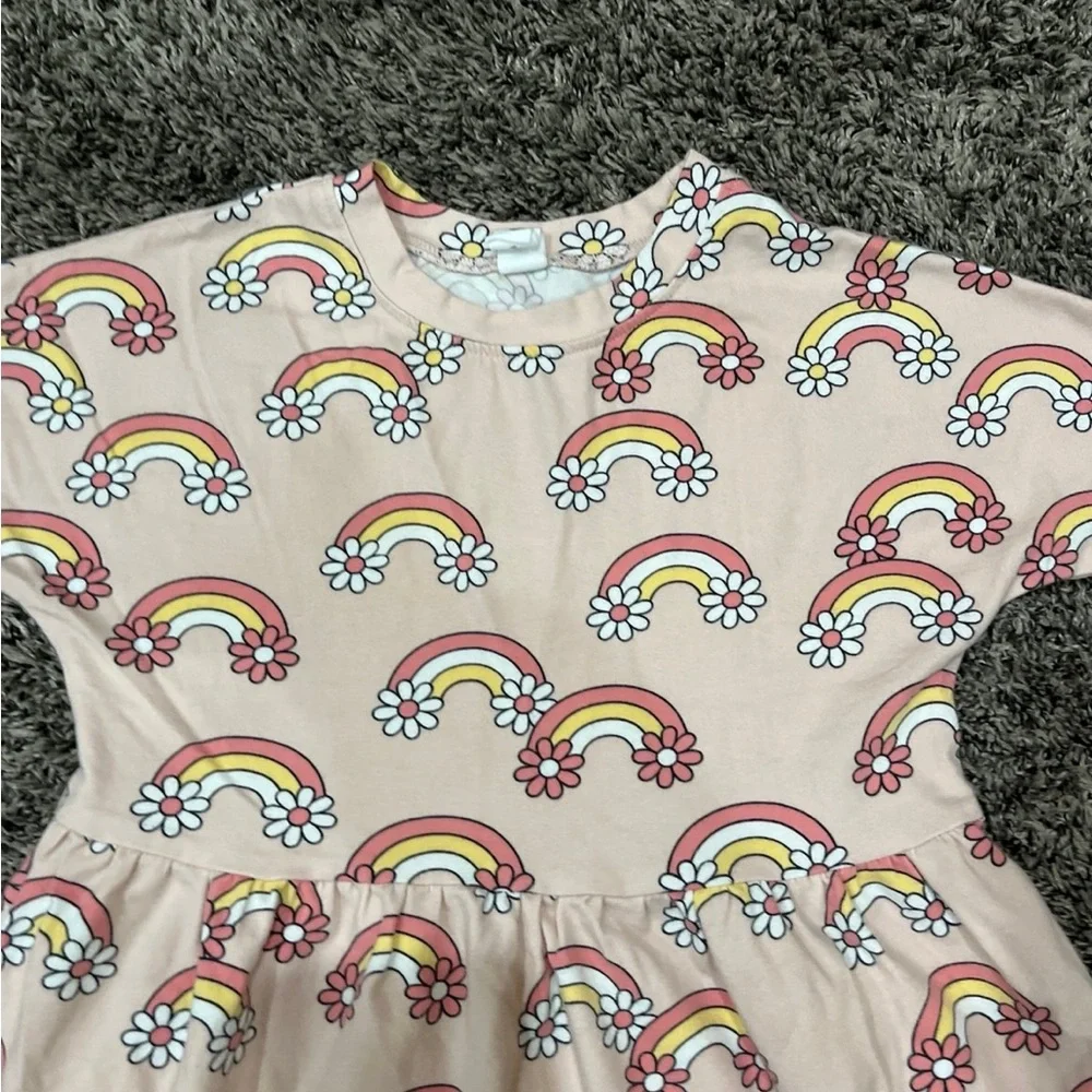 HUX BABY Daisy Rainbow Swirl Dress Shirt Sleeve Organic Cotton Pink Girls Size 4